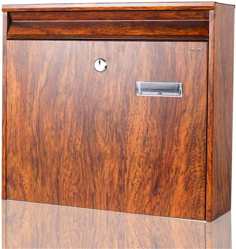 Post Box Modern Wall Mount Lockable Mailbox Outdoor Galvanized Metal Key Parcel Box Packages Drop Slot Secure Lock Outdoor Mailbox-36x10x32cm, Brown
