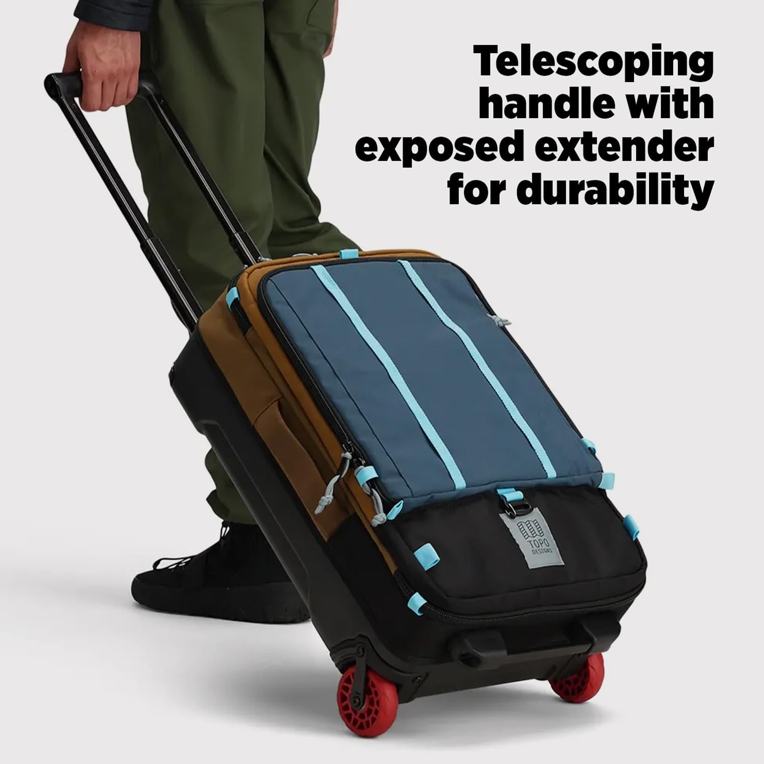 Topo Designs Global Travel Roller Bag Suitcase, Carry-On Friendly, 3 Carry Options, Smooth Heavy Duty Wheels, Telescoping Handle, Designed in Denver CO USA, PFAS Free (Dark Denim/Burgundy)