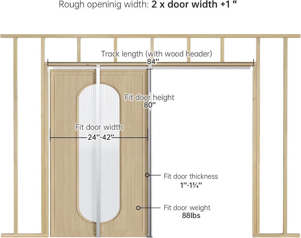 EaseLife 42x80in Pocket Door Frame Kit with Two-Way Soft Close Mechanism for 2X4 Studs Wall,Sliding Hardware for 24'-42' Wide Door,Aluminum,Slide Smoothly Quietly,Easy Install,No Doors (42in x 80in)