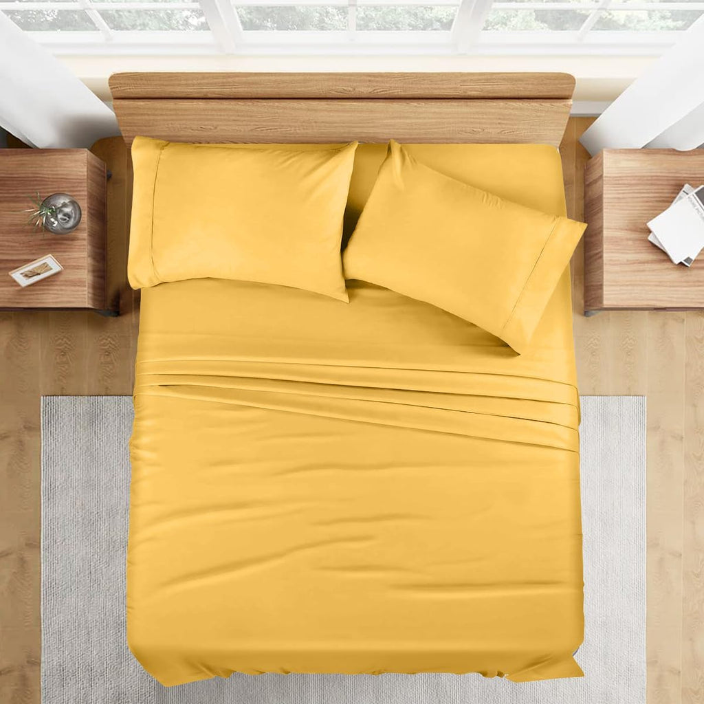 Luxury 1800 Thread Count Heavy Egyptian Cotton 4-PCs Sheet Set Fits Mattress 21-24'' Fully Elastic Deep Pocket (Queen Size) (Solid, Gold)