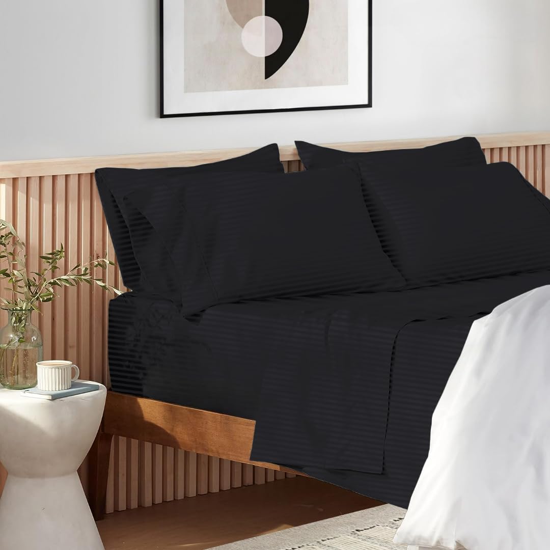 1000 Series - 100% Egyptian Cotton Sheet Set Soft & Comfy Breathable Hotel Quality Luxury Bedding -Queen Size Fits Mattress Up to 18-20' Deep (Stripe, Black)