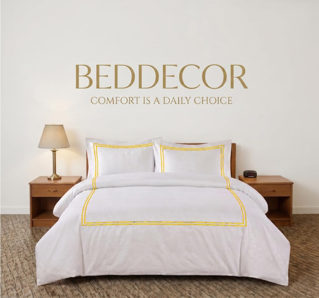 BedDecor Luxury 400-TC Egyptian Cotton 5PC Embroidered Duvet Cover Set with Beautiful 2-Stripe Embroidery(Gold, Full/Queen)
