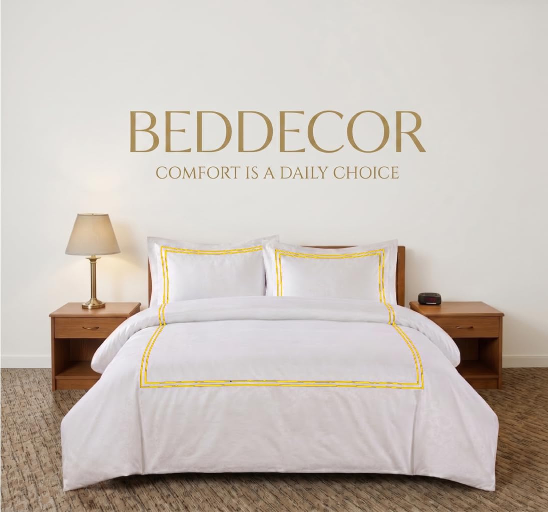 BedDecor Luxury 400-TC Egyptian Cotton 5PC Embroidered Duvet Cover Set with Beautiful 2-Stripe Embroidery(Gold, Full/Queen)