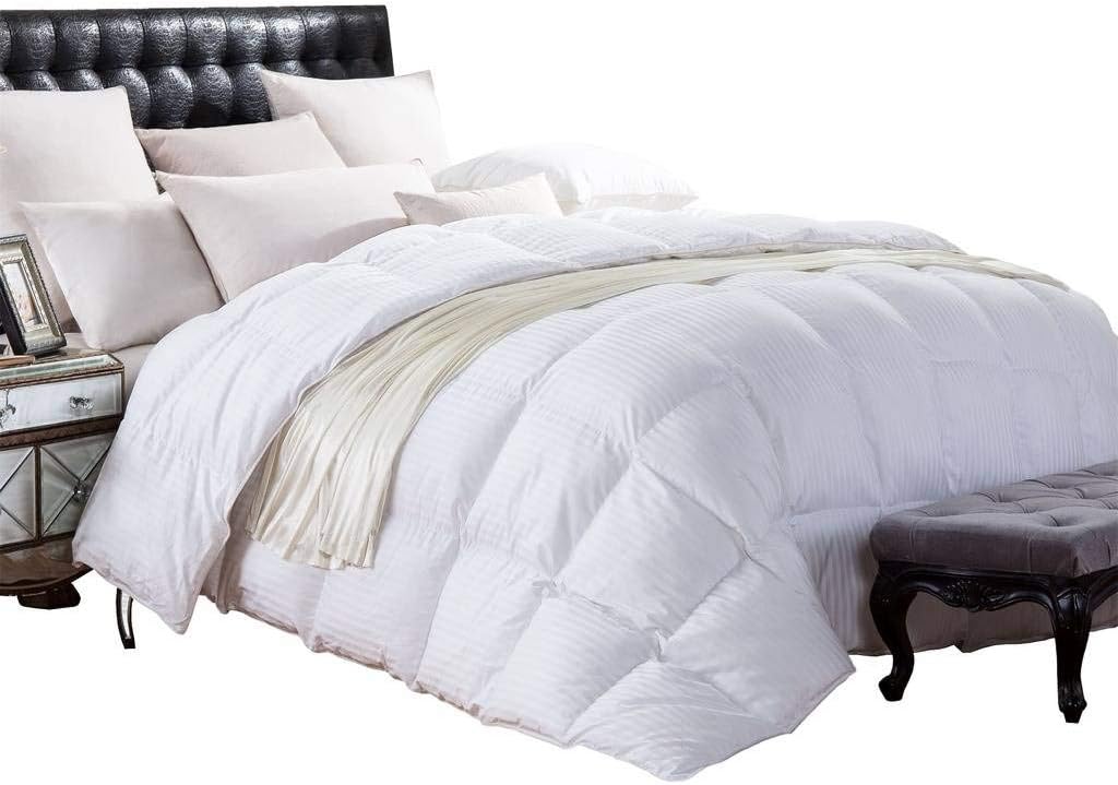 Full/Queen Size Super Luxurious White Damask Stripe 1200 Thread Count Siberian Goose Down Comforter, Baffle Box Design, 100 Percent Egyptian Cotton, 1200 TC, 750FP, 60Oz, White Damask Stripe Style
