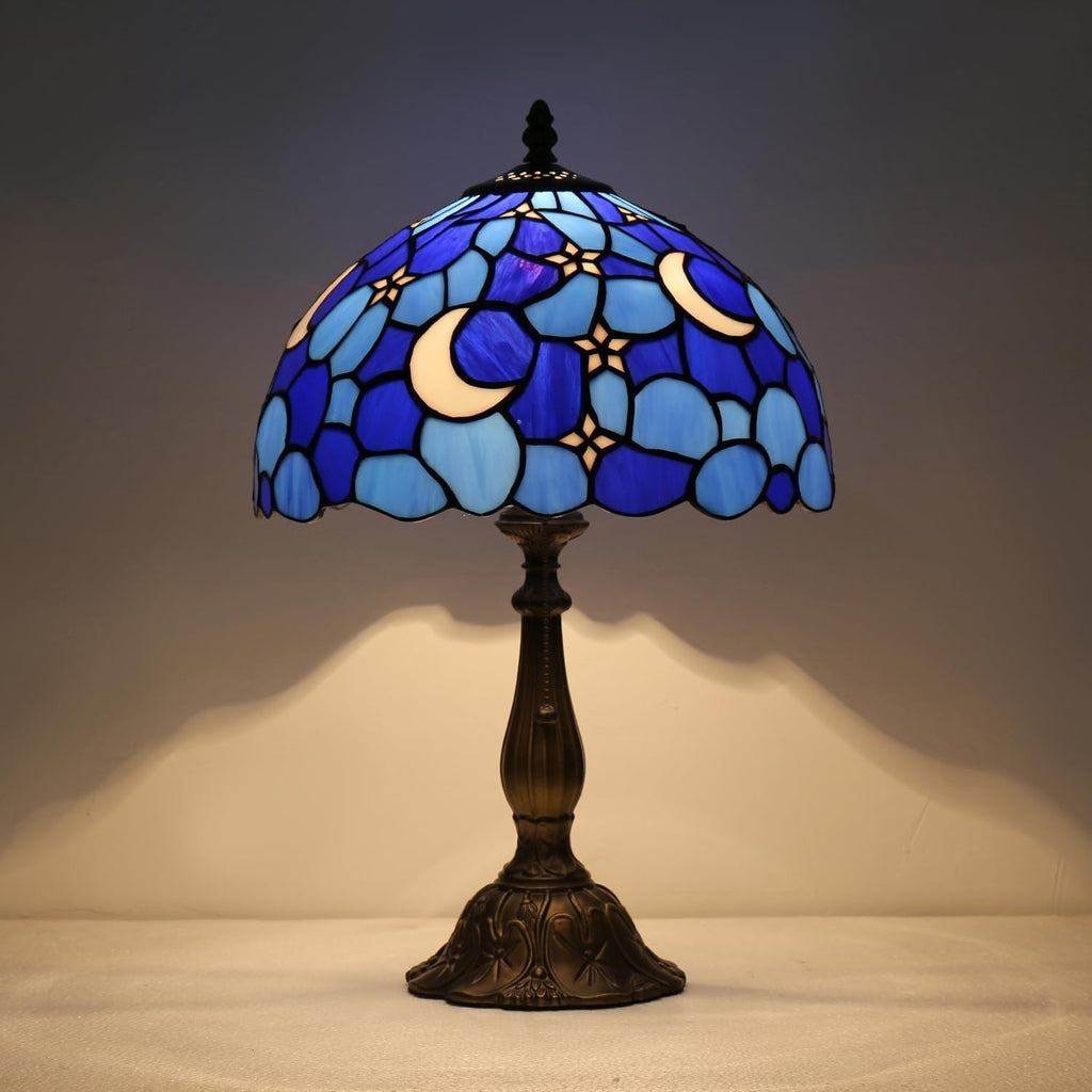 Tiffany Style Table Lamp,Stained Glass Moon Table Lamp,12X12X19 Inch Tiffany Reading Light, Antique Glass Desk Decor Lamp.