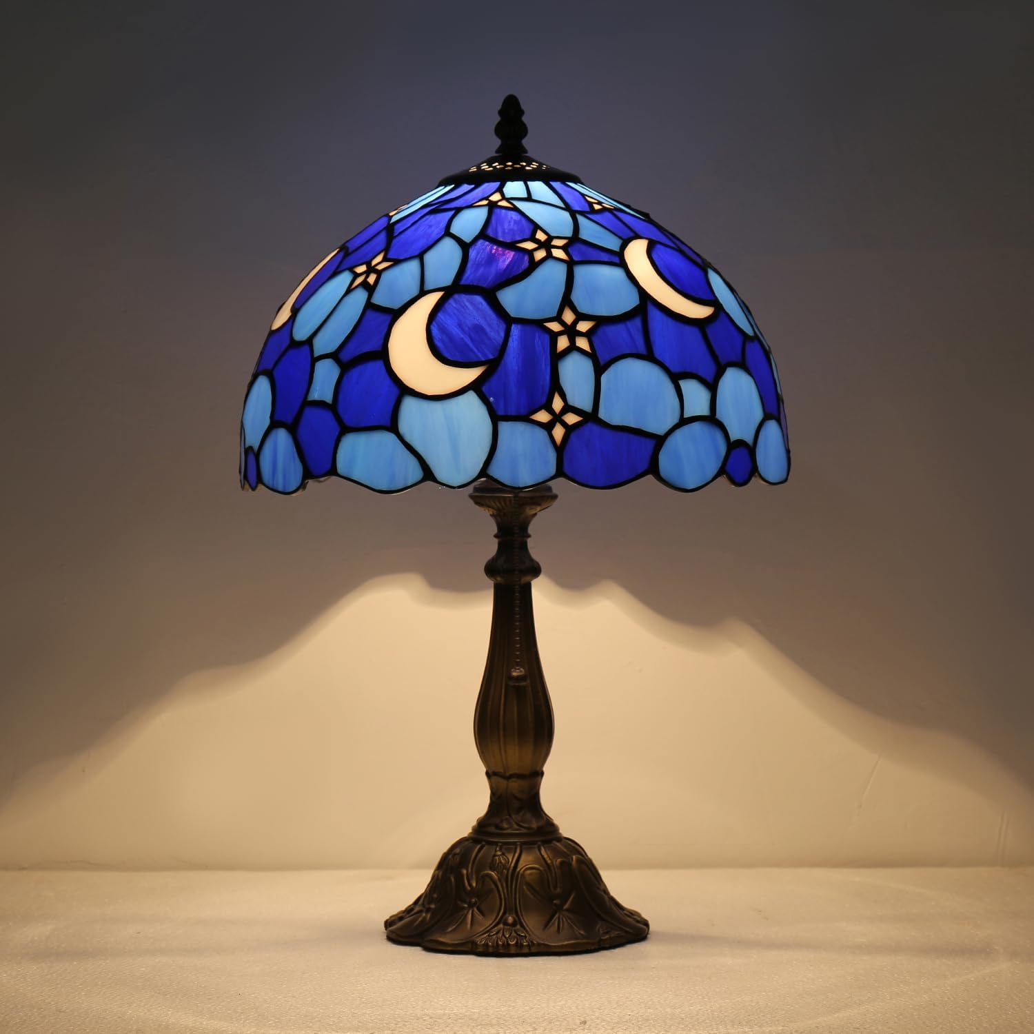 Tiffany Style Table Lamp,Stained Glass Moon Table Lamp,12X12X19 Inch Tiffany Reading Light, Antique Glass Desk Decor Lamp.