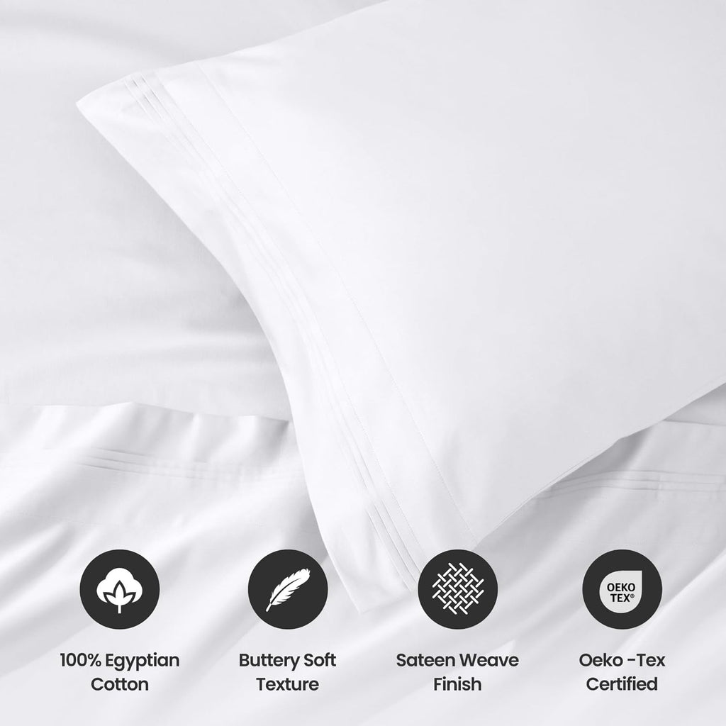 Superior Egyptian Cotton 4 Piece Sheet Set, Luxury 1000 Thread Count, Modern Design, Sustainable Sheets, Ultra-Soft Basics, Solid, Deep Pocket Fitted Sheet, Flat Sheet, Pillowcases, Queen, White