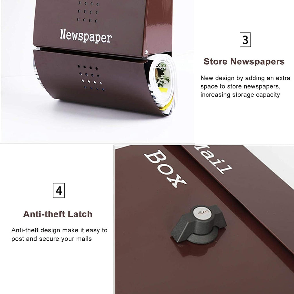 JYDQM Suggestion Box Business Drop Boxes Donation Box Modern Metal Mailbox with Locked and Keys, Residential Office Hanging Brown Post/Letter Box with Newspapers Compartment