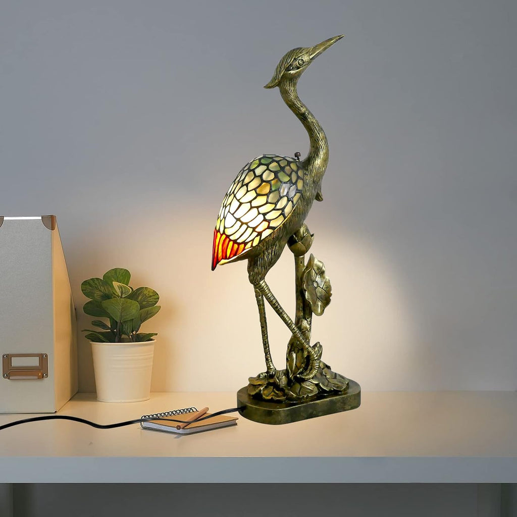 Tiffany Lamp Blue Stained Glass Crane Bird Style Table Lamp Desk Light 23.6 Inch Tall Vintage Tiffany Table Lamp for Bedroom Living Room Home Office, Color Changing LED Bulb Included