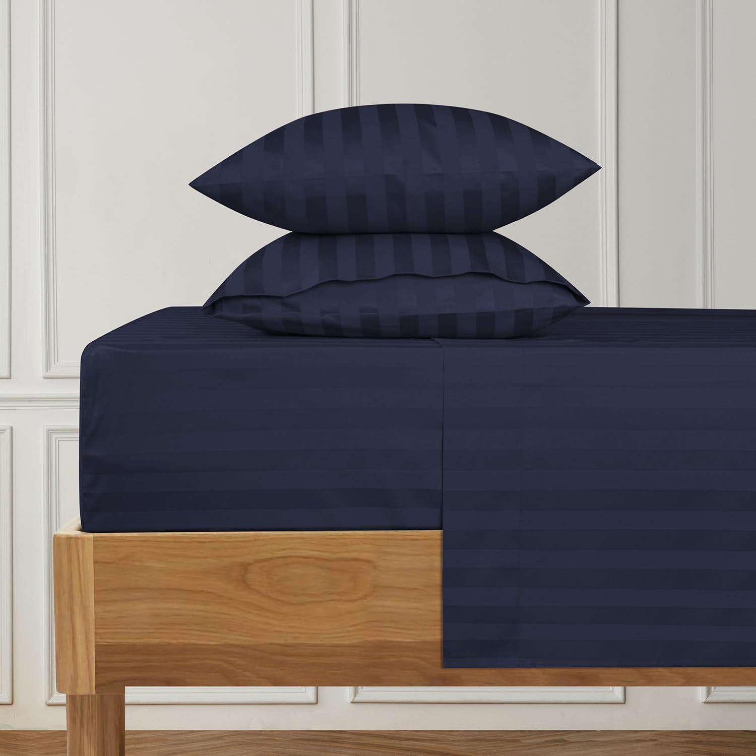 Damask Stripe Full XL Size 7-Piece Duvet Cover and Bed Sheet Set 28 Inch Deep Pocket - Complete Luxury Soft 1000 Thread Count 100% Egyptian Cotton Bedding Set - Navy Blue