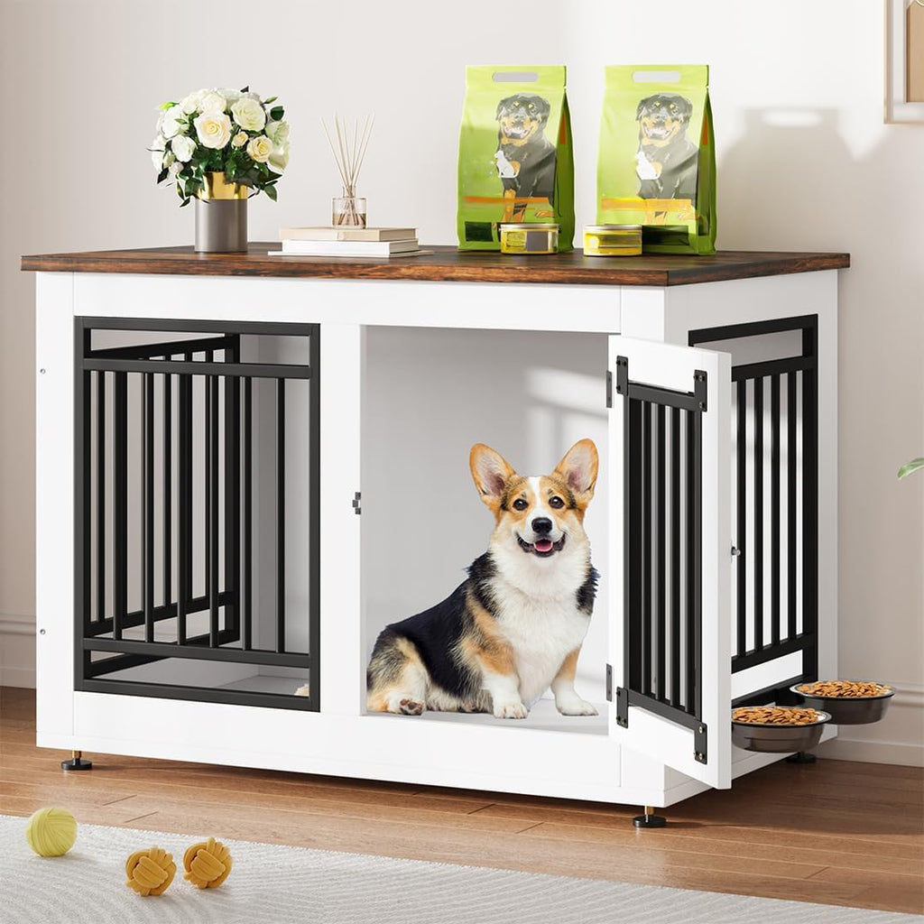 YITAHOME 35' Dog Crate Furniture, Wooden Side End Table with Adjustable Feet and Removable Bowls, Dog Kennel Indoor for Small Medium DogsV