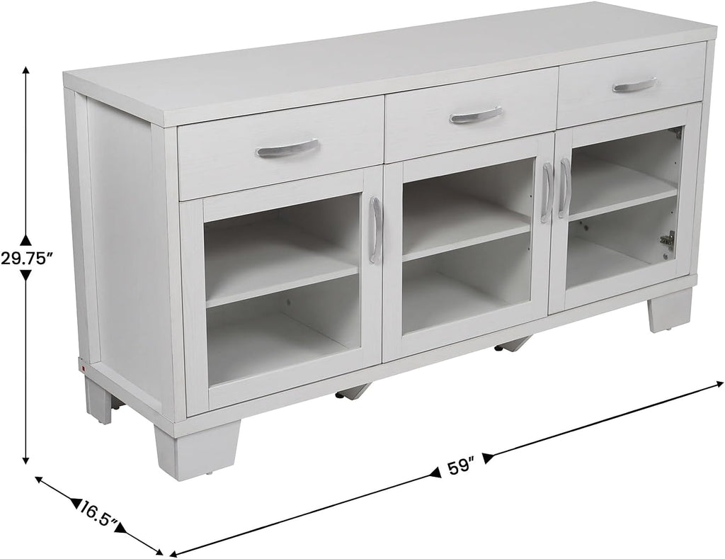 Flash Furniture Wells Modern Buffet Sideboard Storage Cabinet, Engineered Wood Construction, 3 Tempered Glass Soft Close Doors, 3 Drawers, 59', White