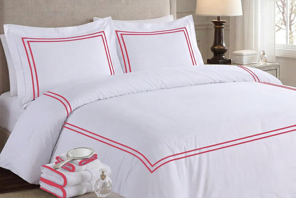 BedDecor Luxury 400-TC Egyptian Cotton 5PC Embroidered Duvet Cover Set with Beautiful 2-Stripe Embroidery(Brick Red, Full/Queen)