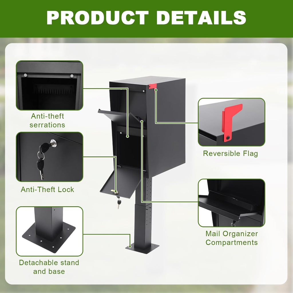 Large Mailbox Cold Rolled Steel Post Mailbox with Anti-Theft Lock, Key, Mounting Base and Mounting Post, Black, 9.6' H x 10' W x 19.6' D, Weatherproof Mailboxes for Outside the House
