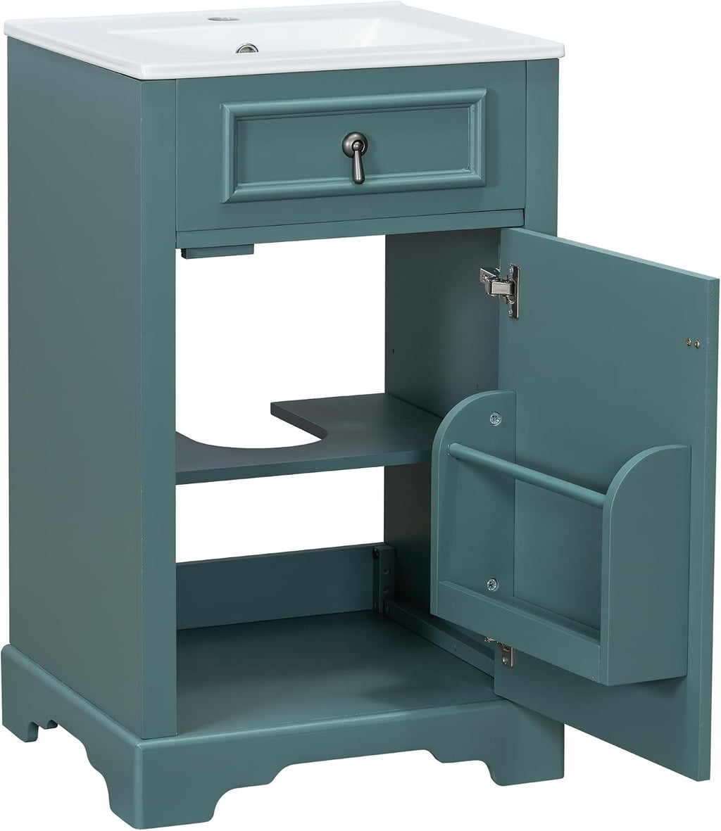 20 Inch Blue Green Bathroom Vanity with Ceramic Sink and Adjustable Shelf, Modern Bathroom Cabinet with Over Door Storage Rack and Soft Close Door