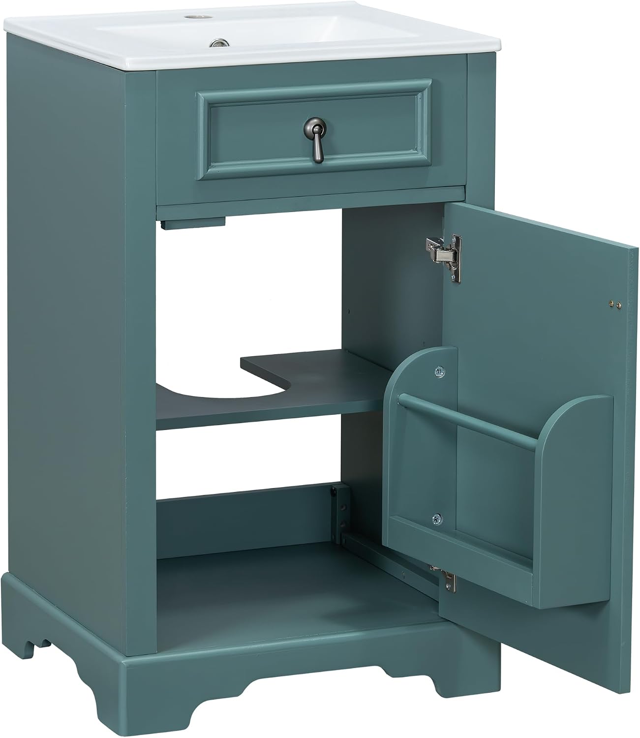 20 Inch Blue Green Bathroom Vanity with Ceramic Sink and Adjustable Shelf, Modern Bathroom Cabinet with Over Door Storage Rack and Soft Close Door