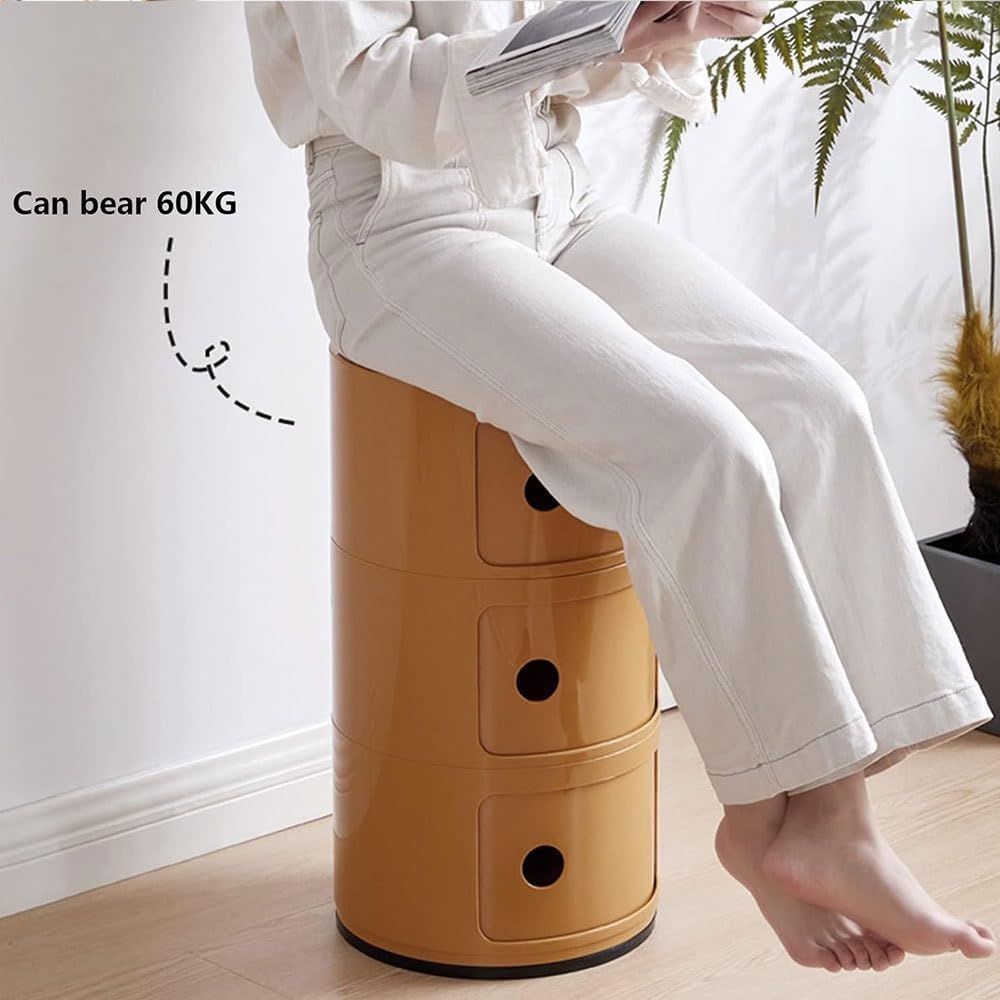 Round Nightstand with Drawers, Round Bedside Table 2/3/4 Tier Plastic Nightstand Storage, RoundStorage Cabinet with Sliding Door, Modern End Table Side Table, for Living Room, Bedroom, Bathroom
