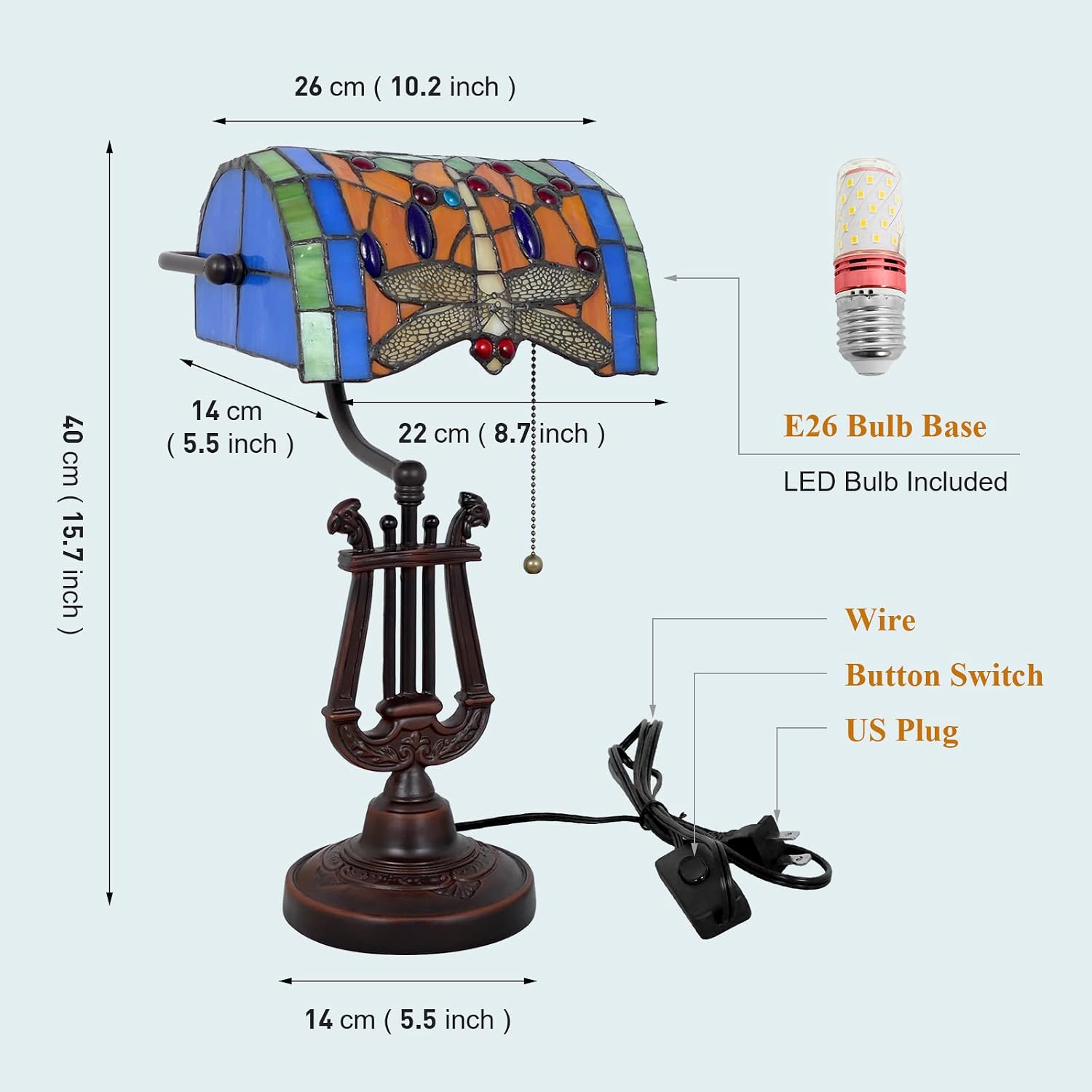 Tiffany Lamp Stained Glass Table Lamp 10 * 16 Inches Dragonfly Style Desk Reading Light