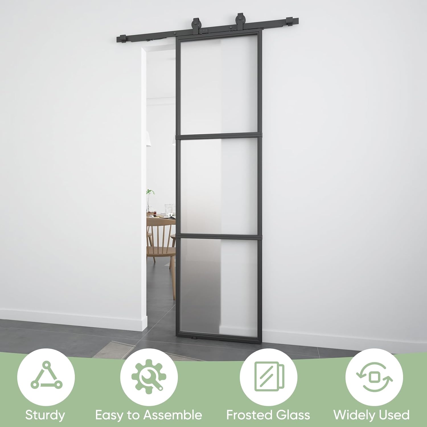 BARNSMITH 24in x 84in Frosted Glass Barn Door with 4.3FT Top Mounted Hardware kit Include Soft Close Mechanism Black Carbon Steel Tempered Frosted Glass Sliding Door, Easy Assembly