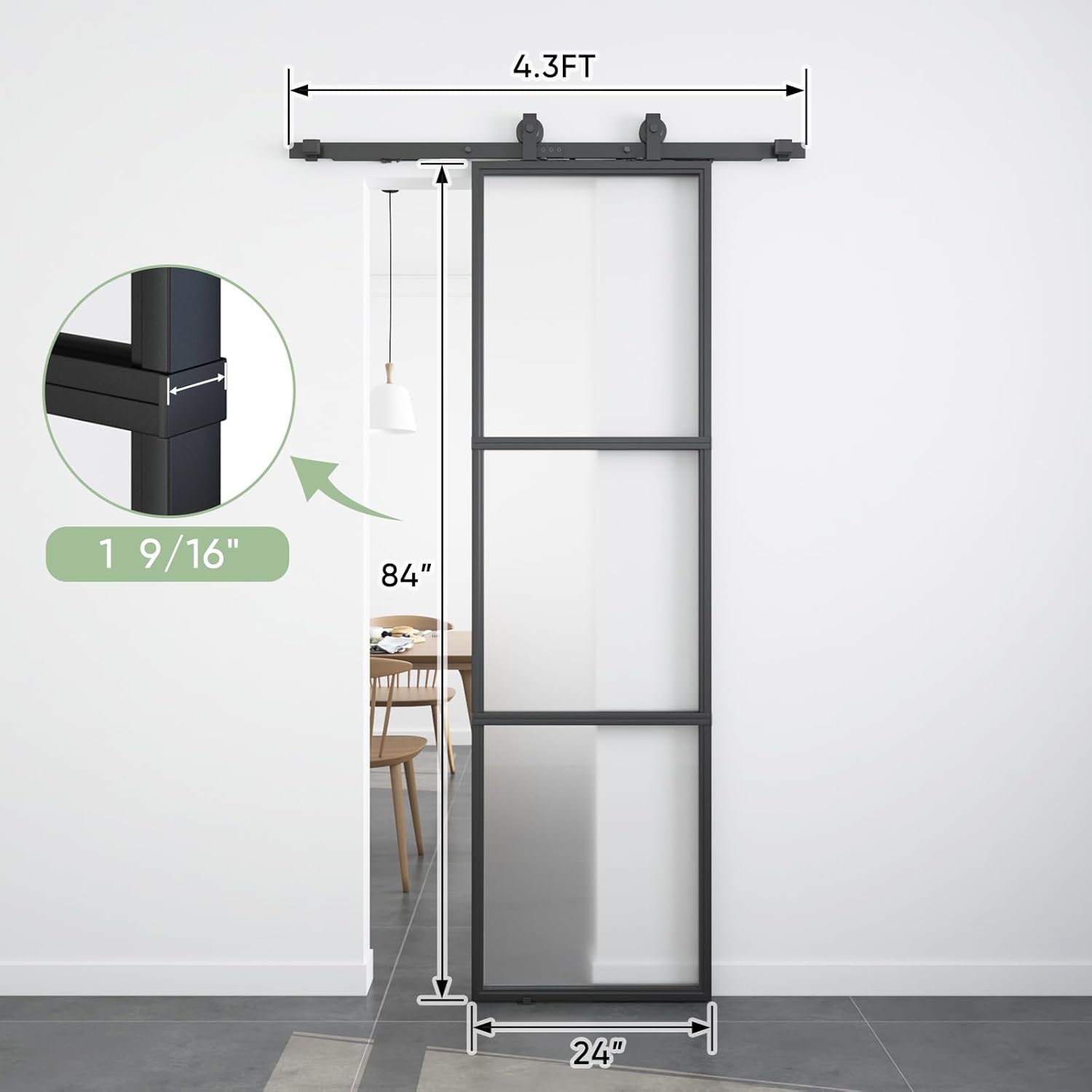 BARNSMITH 24in x 84in Frosted Glass Barn Door with 4.3FT Top Mounted Hardware kit Include Soft Close Mechanism Black Carbon Steel Tempered Frosted Glass Sliding Door, Easy Assembly