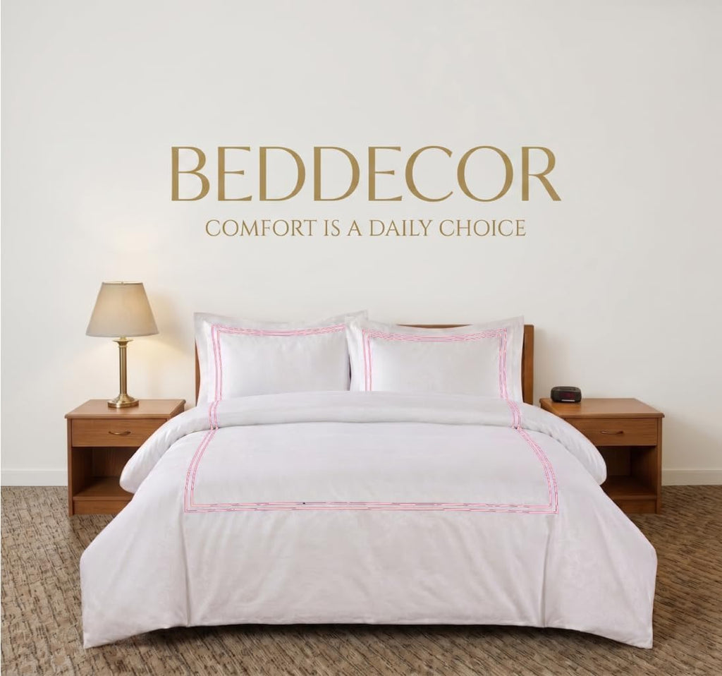 BedDecor Luxury 400-TC Egyptian Cotton 5PC Embroidered Duvet Cover Set with Beautiful 2-Stripe Embroidery(Blush Full/Queen)