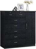 BOWERY HILL 7 Drawer Chest, Wood Construction, Black Finish, Lockable Top Drawers, Side Door with Shelves and Hanging Rod, Adjustable Cabinet Shelves, 48.6 in H x 47.2 in W x 17.6 in D