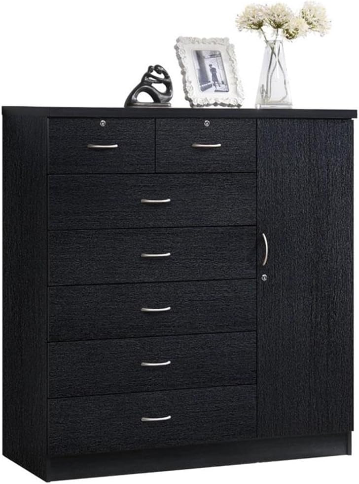 BOWERY HILL 7 Drawer Chest, Wood Construction, Black Finish, Lockable Top Drawers, Side Door with Shelves and Hanging Rod, Adjustable Cabinet Shelves, 48.6 in H x 47.2 in W x 17.6 in D