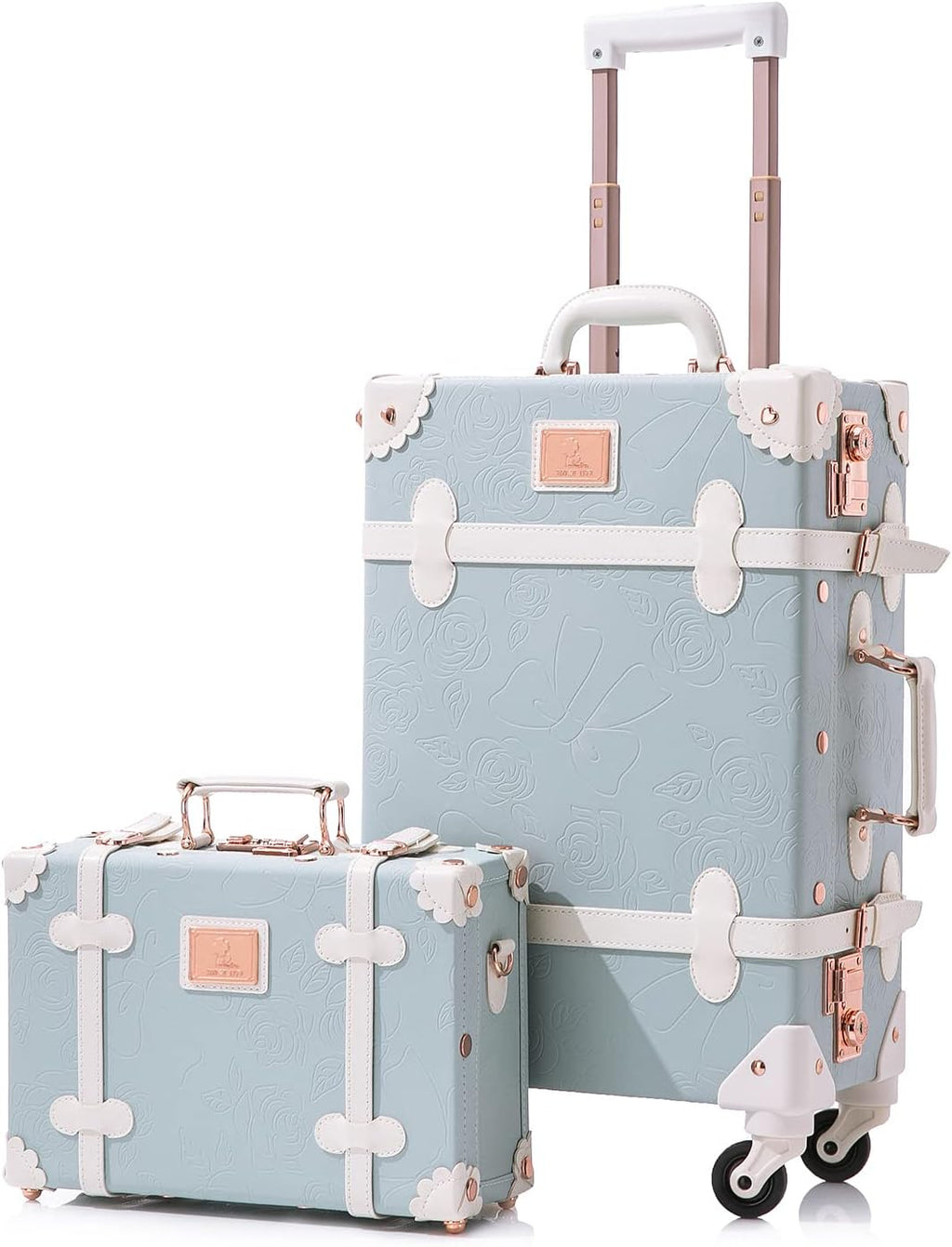 Unitravel 2 Piece Vintage Luggage Set, 20' Women Carry On Suitcase Set with TSA Lock, Faux Leather Spinner Trunk with 12' Train Case (Embossed Blue)