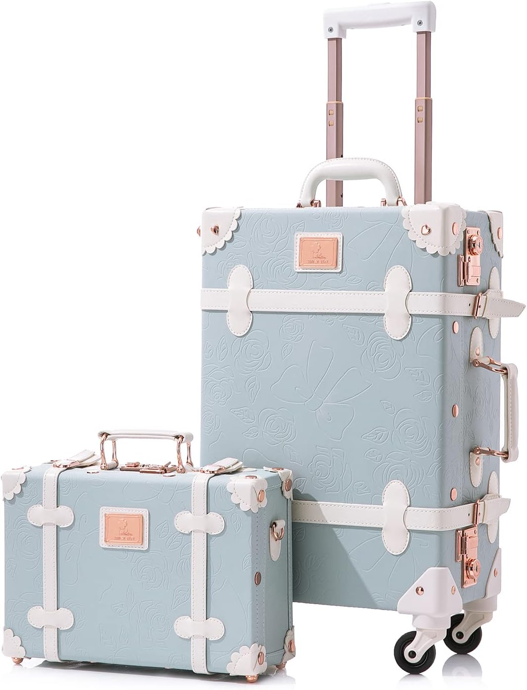 Unitravel 2 Piece Vintage Luggage Set, 20' Women Carry On Suitcase Set with TSA Lock, Faux Leather Spinner Trunk with 12' Train Case (Embossed Blue)