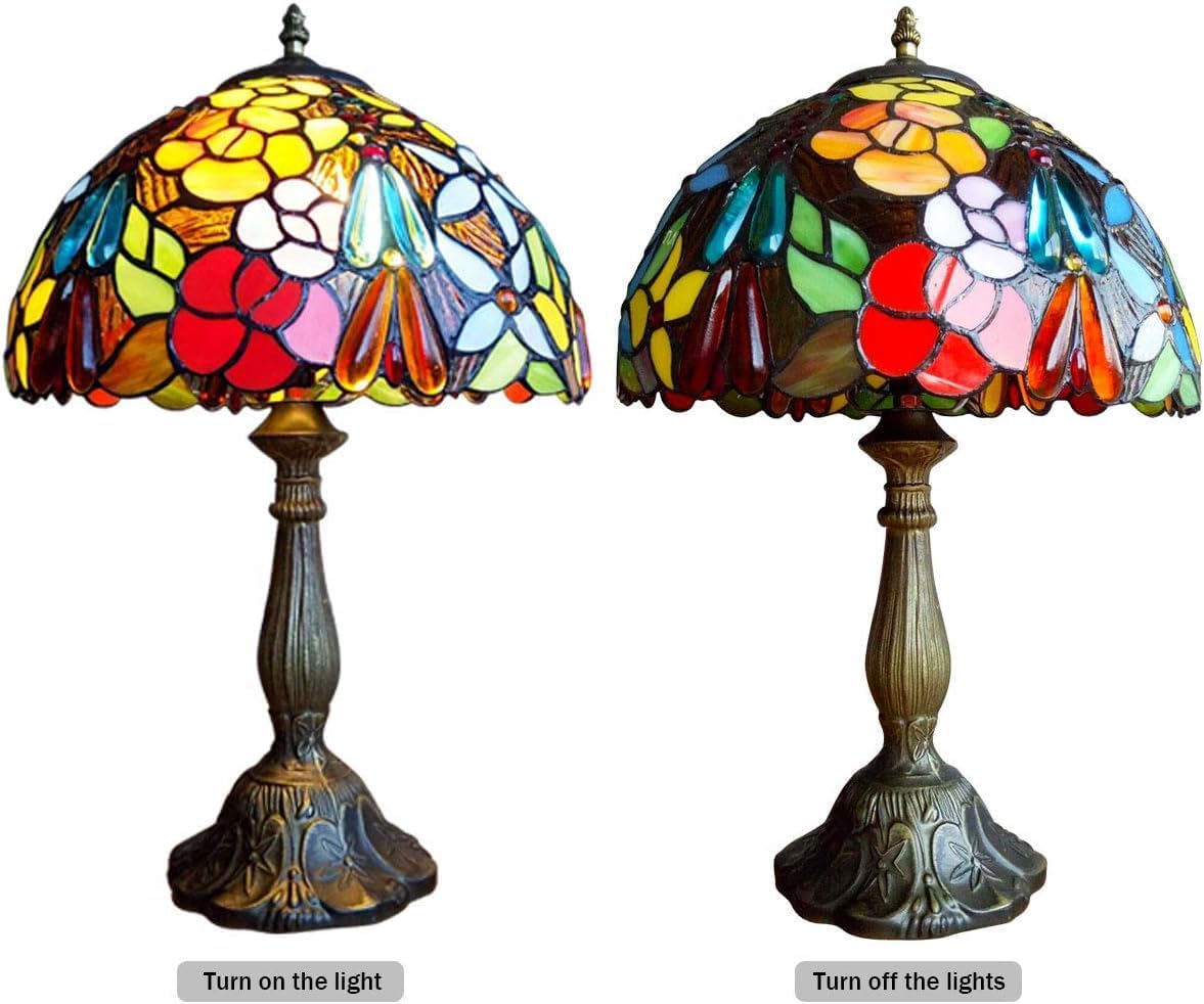 Tiffany Tall Table Lamps Bedside Nightstand Rose Flower Beads Stained Glass Table Lamp for Bedroom,Living Room,Dining Room Restaurant Hotel Desk Reading Light+LED Bulb,12X12X18 INCH