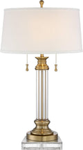 Vienna Full Spectrum Rolland Traditional Table Lamp with Square Riser 31.5' Tall Warm Antique Brass Glass Column 2-Light Off-White Drum Shade Living Room Bedroom House Bedside Nightstand Home