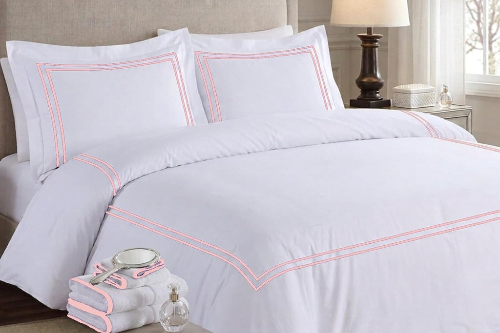 BedDecor Luxury 400-TC Egyptian Cotton 5PC Embroidered Duvet Cover Set with Beautiful 2-Stripe Embroidery(Blush Full/Queen)