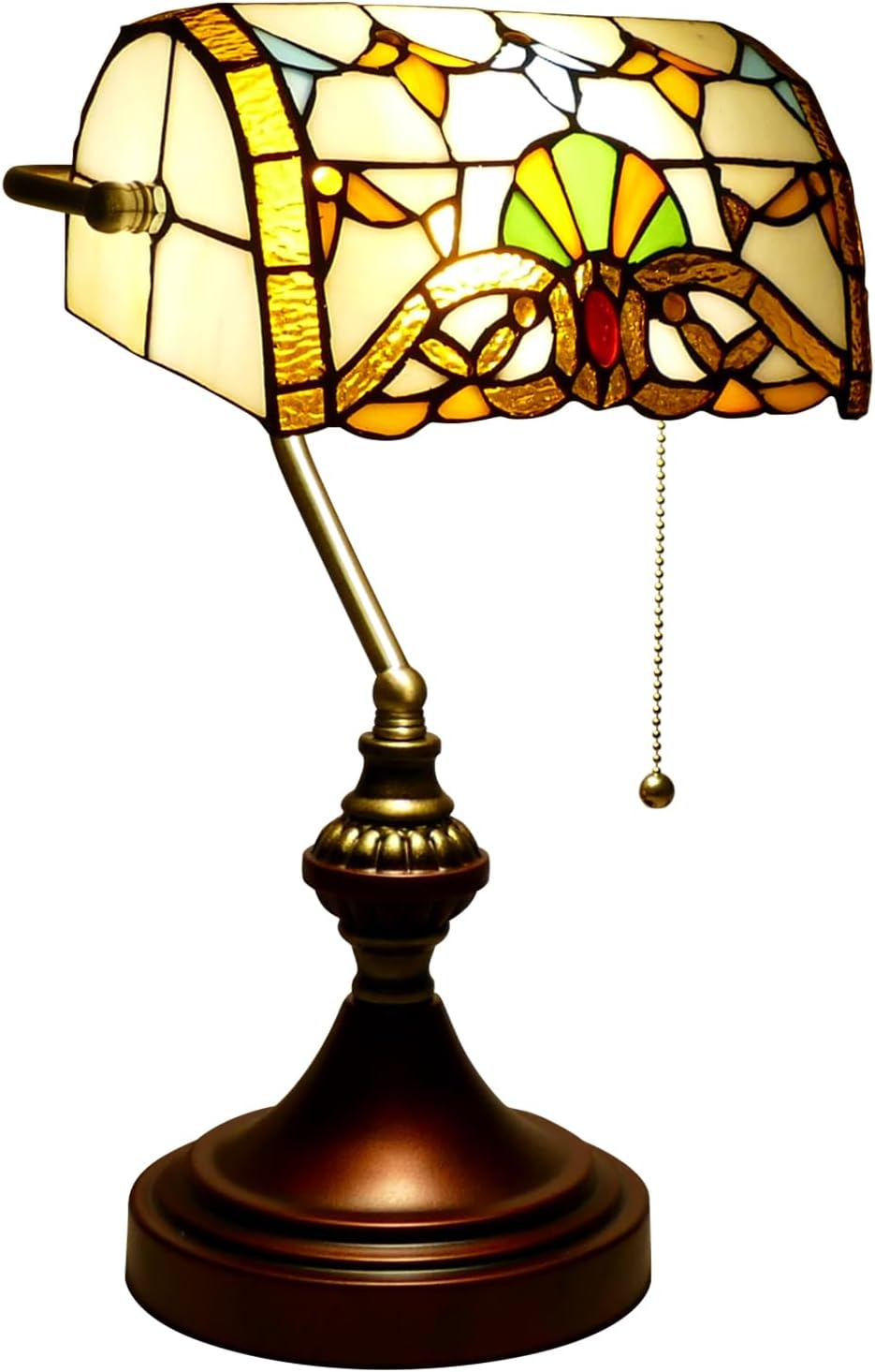 Beige Baroque Style Banker Lamp Tiffany Desk Light Table Lamp Stained Glass Bankers Desk Lamp Banker Table Lamp 10' Wide 15' Tall Vintage Tiffany Style Lamp for Home Living Room Nightstand