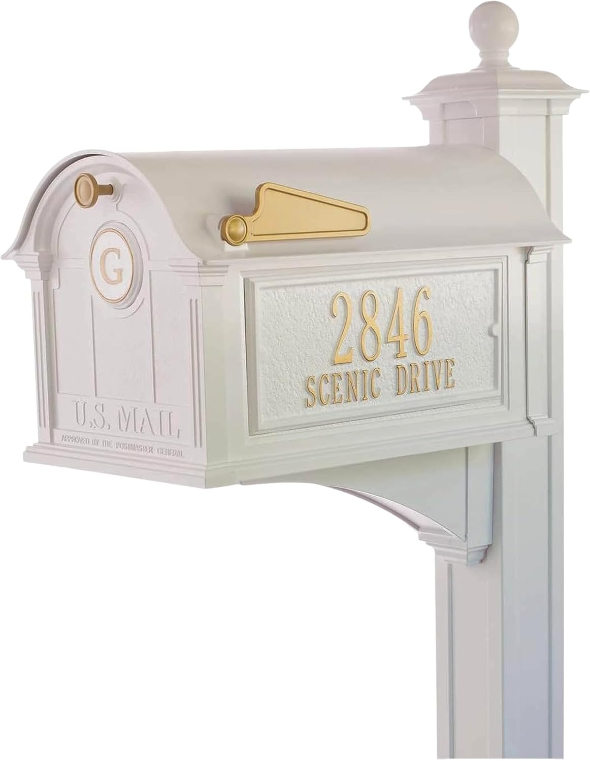 Whitehall Balmoral Monogram Mailbox with Post White Oversized Cast Aluminum Mailbox Package with Personalized Side Plaques, Monogram Door & Weather-Resistant Deluxe Post