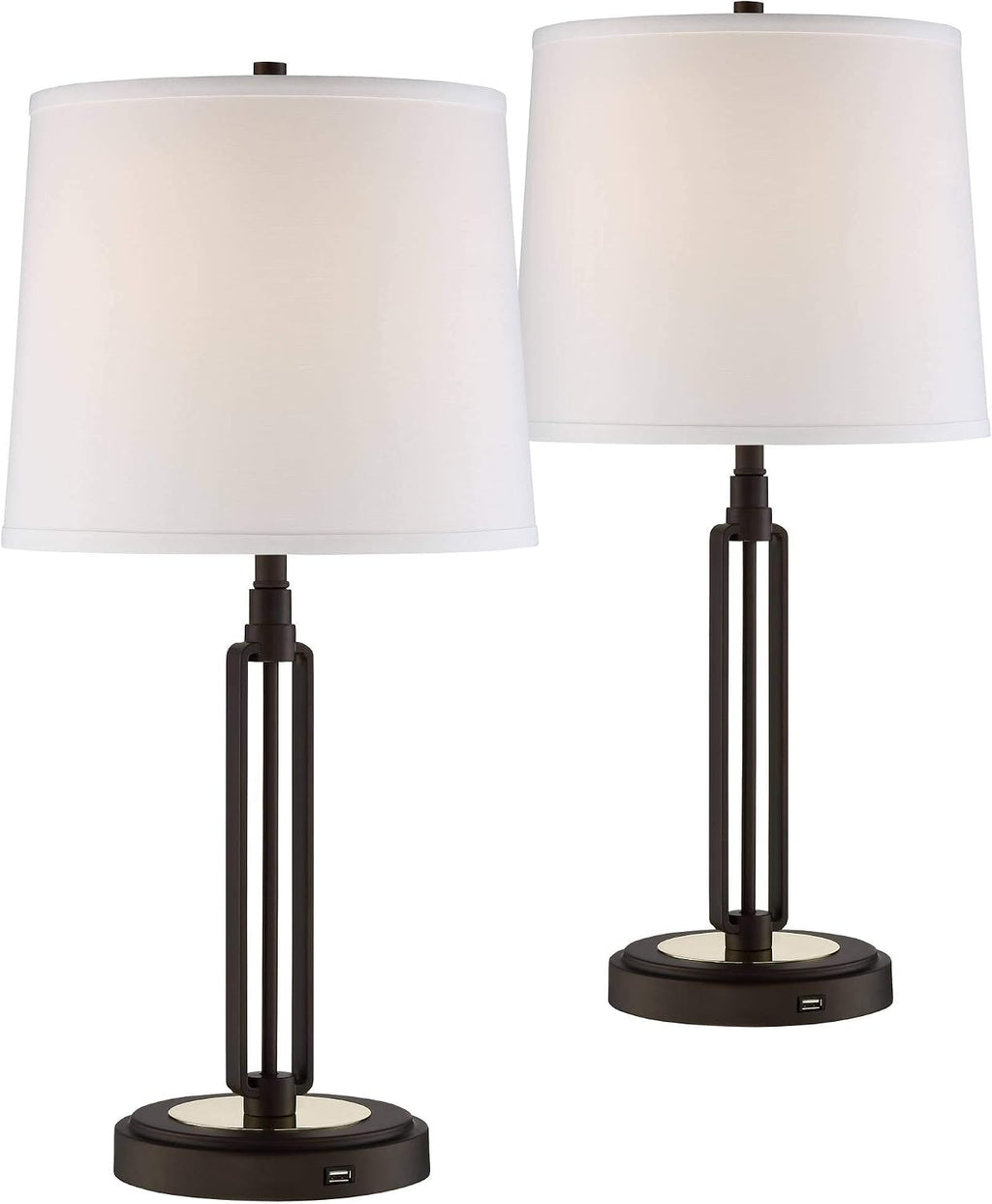 Franklin Iron Works Javier 24 1/2' High Mid Century Modern Rustic Industrial Table Lamps Set of 2 USB Port Brown Bronze Finish Metal White Shade Living Room Charging Bedroom Bedside Nightstand House