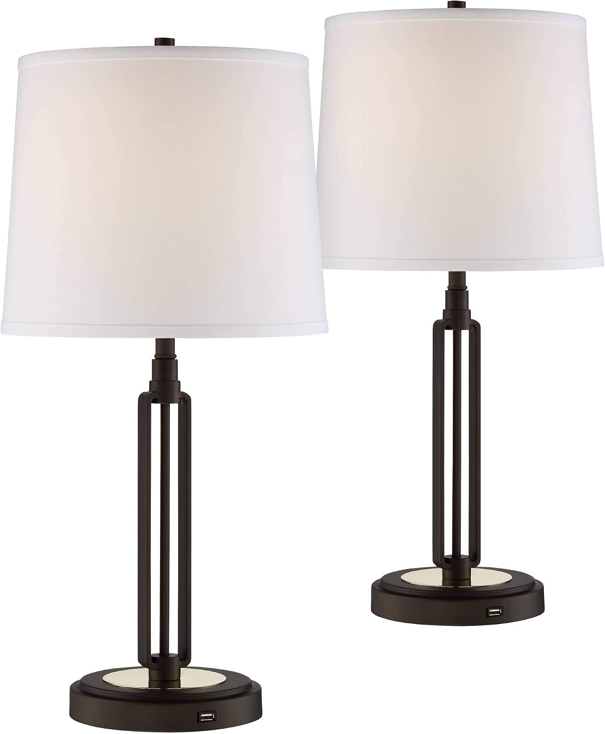 Franklin Iron Works Javier 24 1/2' High Mid Century Modern Rustic Industrial Table Lamps Set of 2 USB Port Brown Bronze Finish Metal White Shade Living Room Charging Bedroom Bedside Nightstand House