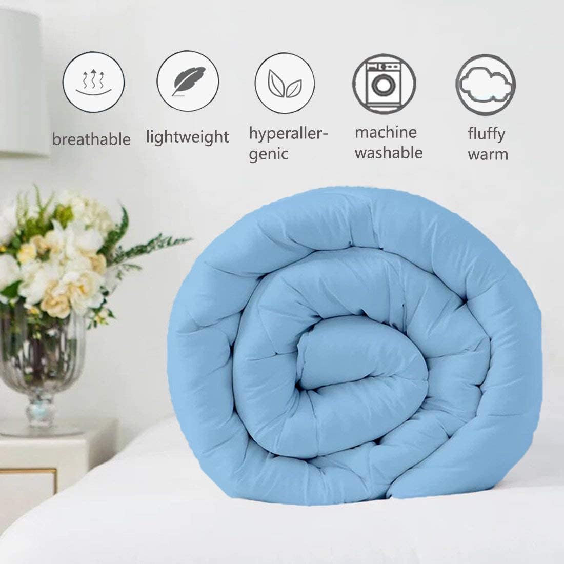 Light Blue Down Alternative Pinch Pleated Comforter- Oversized Queen Size 98 x 98 Inches 1 Piece All-Season Duvet Insert, 500 GSM with Corner Tabs 100% Egyptian Cotton- (Light Blue Solid)