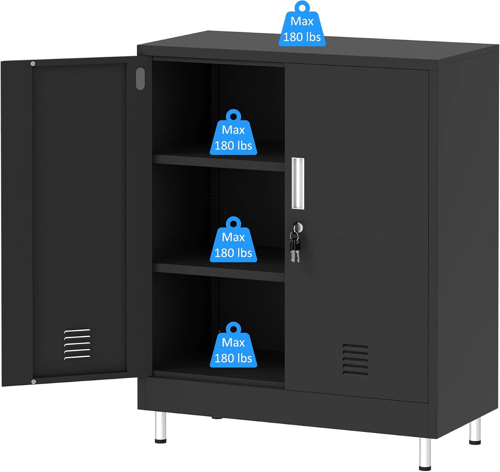 JINGUR Metal Storage Cabinet with Locking Doors and 2 Adjustable Shelves, Lockable Storage Cabinet for Home Office Garage Pantry Living Room (Black)