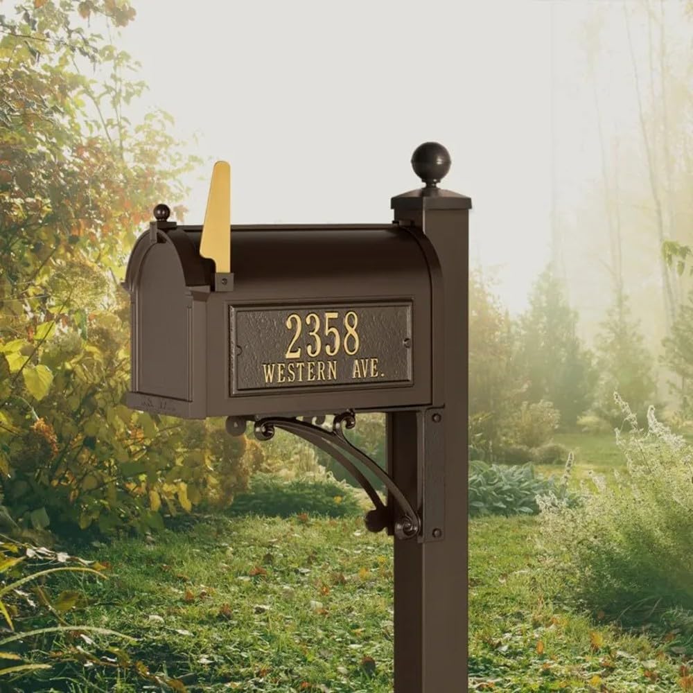 Whitehall Custom Extra Large Mailbox - Capitol Model with Address Plaque and Side Mount Post Package, Sand Cast Aluminum, Bronze Personalized in Goldtone