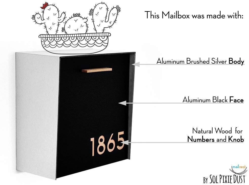 Wall Mounted Mailbox - Aluminum (ACP) Black Aluminum Face, Brush Silver Body and Natural Wood Number - Modern Design - Custom Mailbox - Postbox - Letterbox - Mailnest Type 1