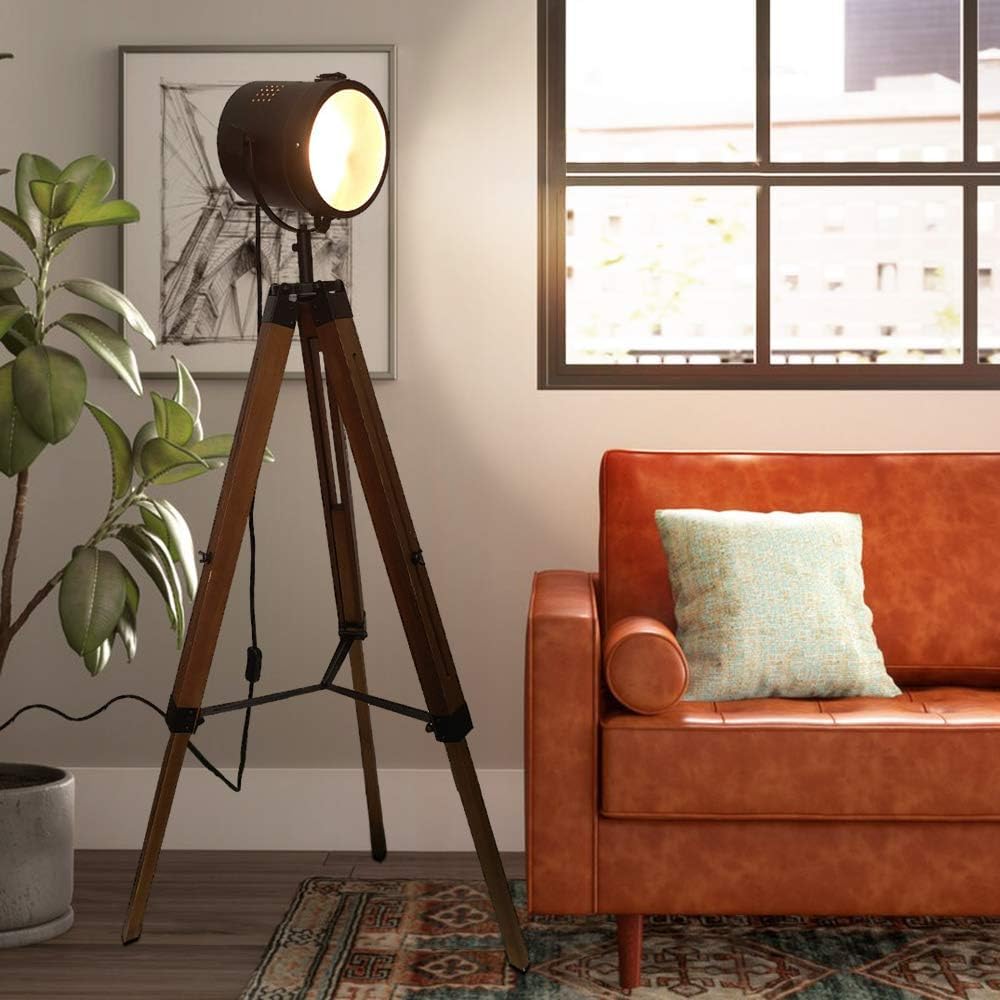 DEC LUCE DECOLUCE LIGHTING Vintage Industrial Tripod Floor Lamp - Adjustable Spotlight for Living Room & Bedroom | Wooden & Metal Design | Perfect for Office, Cinema, Dorm | Black (Bulb Not Included)