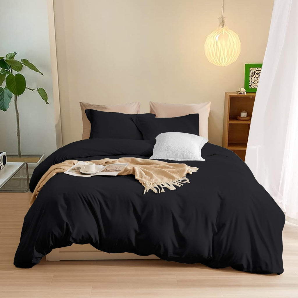 800TC 3 Sided Zipper Duvet Cover Set Soft Egyptian Cotton 3 Sided Zipper Closure, 3 PCS 1-Duvet Cover & 2- Pillow Shams - Oversize Queen Size (98' x 98') Inches, (Solid Black)