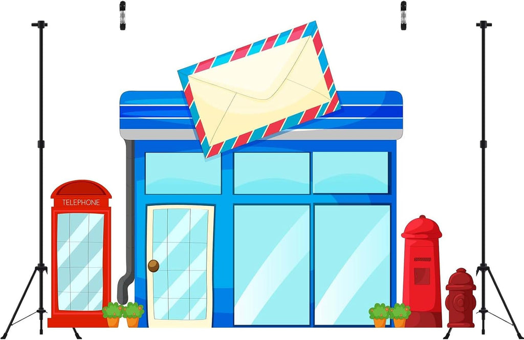BELECO 20x10ft Fabric Post Office Backdrop Cartoon Street Blue Postoffice Mailbox Telephone Booth Background for Themed Party Decorations Postman Kids Birthday Shoot Photo Studio Props