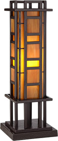 Robert Louis Tiffany Prairie Style Mission Rustic Pillar Accent Table Lamp Bronze Iron Column Hand-Cut Amber Stained Art Glass for Cottage Core Living Room Bedroom House Bedside Nightstand Family