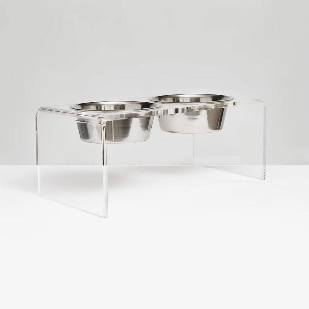 Hiddin Double Elevated Dog Bowl Stand for Medium or Large Dogs, All Breeds, Clear Acrylic 7 Inch Raised Dog Bowl Stand with Two Stainless Steel Bowls for Food and Water - 6.5 Cups Each Dish