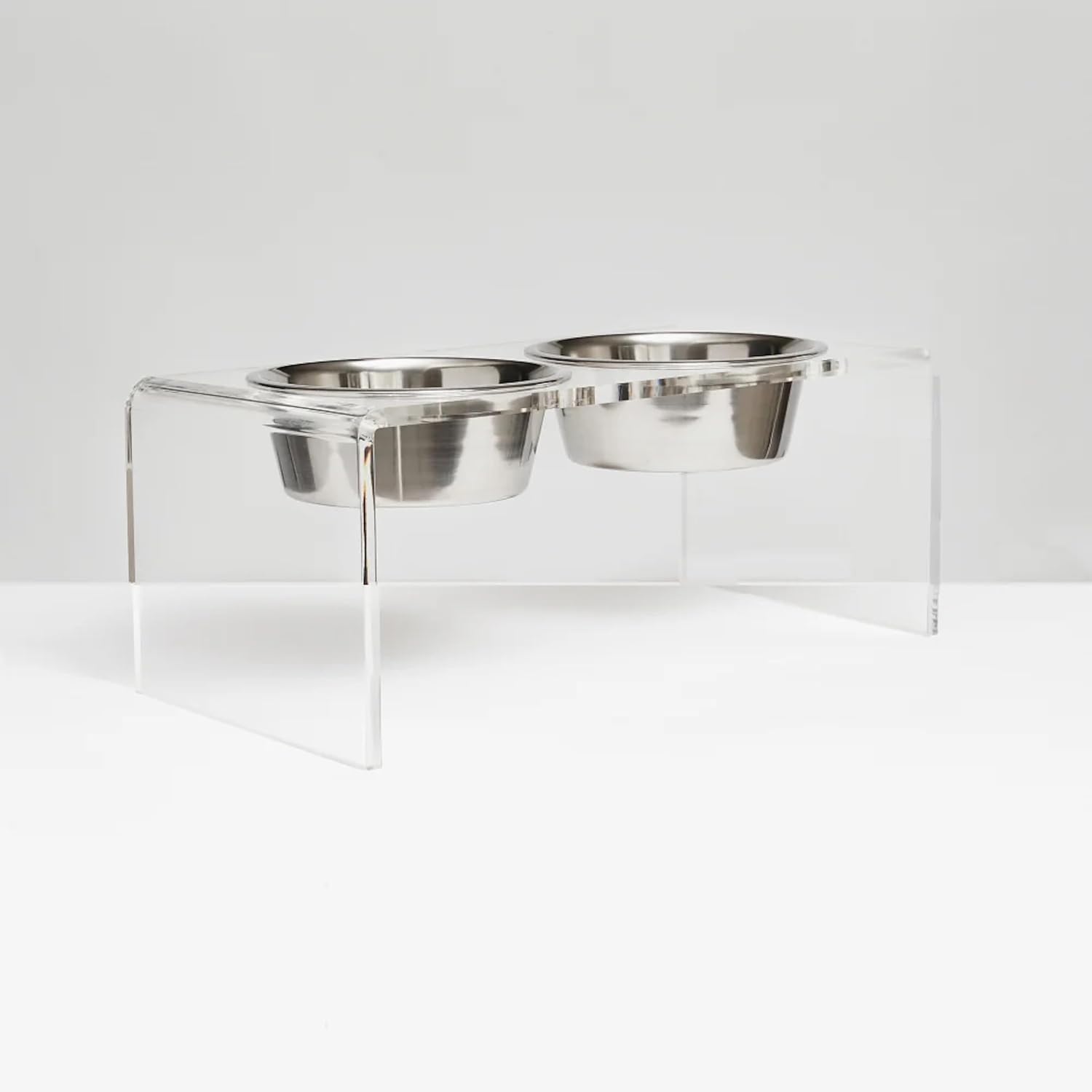 Hiddin Double Elevated Dog Bowl Stand for Medium or Large Dogs, All Breeds, Clear Acrylic 7 Inch Raised Dog Bowl Stand with Two Stainless Steel Bowls for Food and Water - 6.5 Cups Each Dish