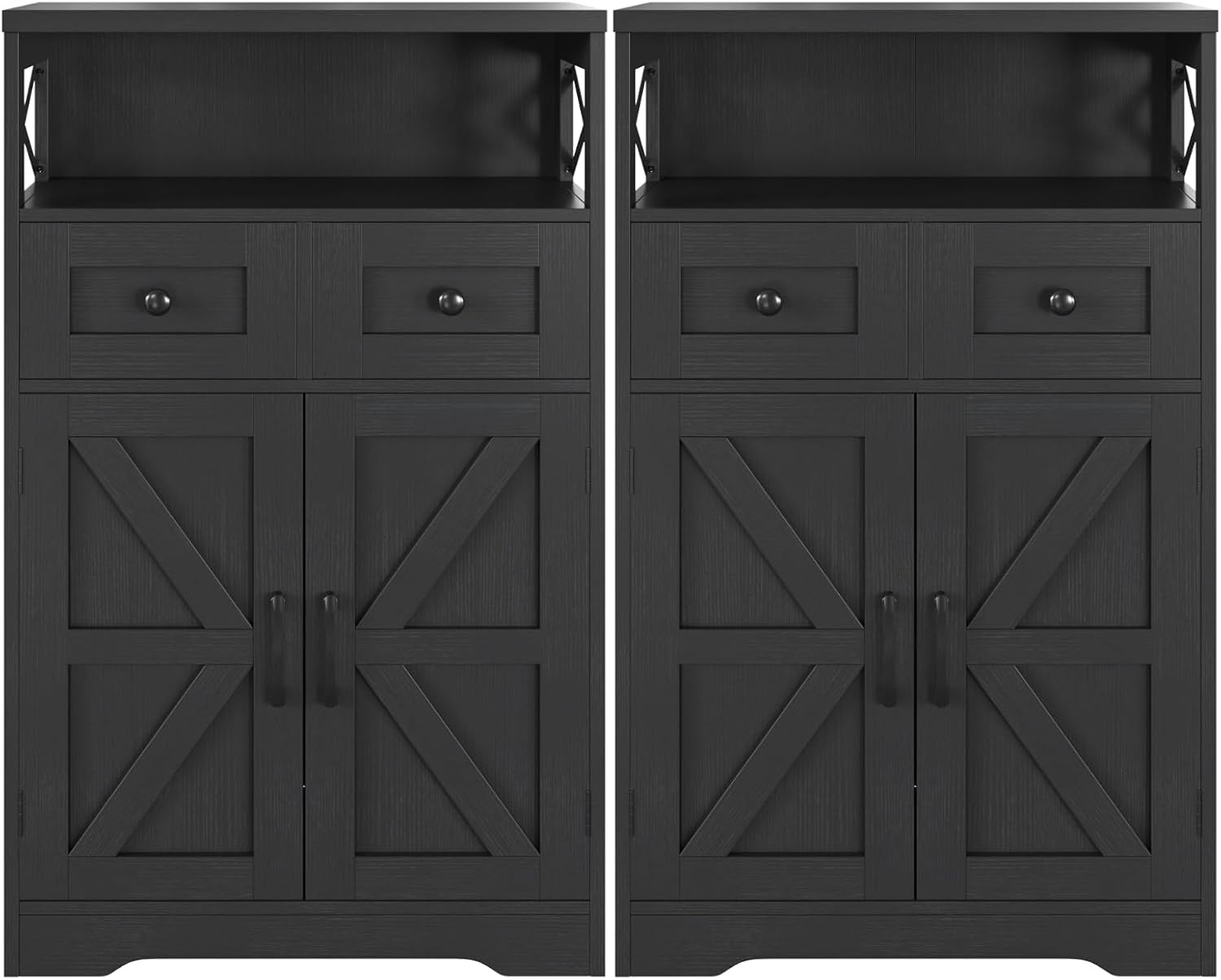 Befrases Set of 2 Black Storage Cabinet with Drawers and Shelves, Freestanding Black Kitchen Pantry, Floor Storage Cabinet Hutch Cupboard for Dining, Living Room, Home Office