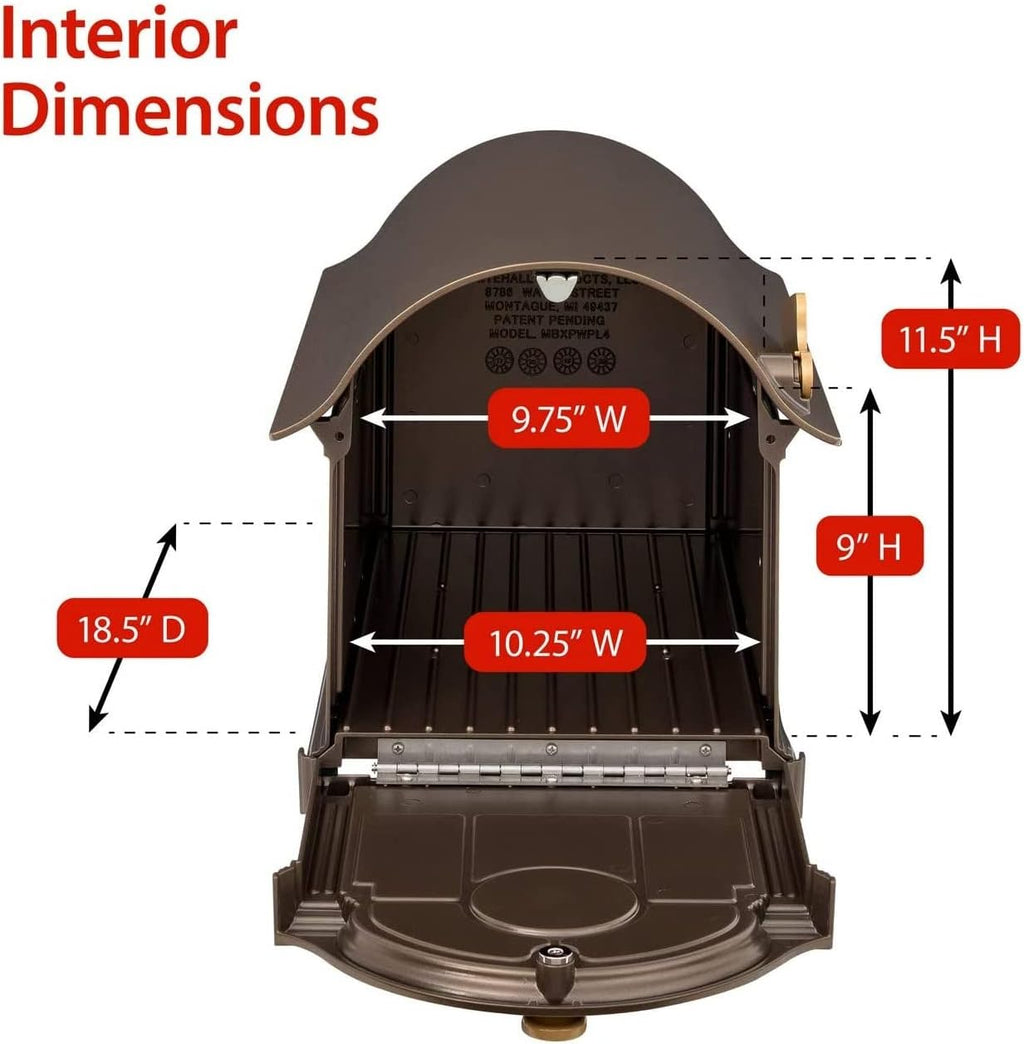 Whitehall Custom Extra Large Mailbox - Balmoral Model with Address Plaques and Side Mount Post Package, Sand Cast Aluminum, Bronze Personalized in Goldtone