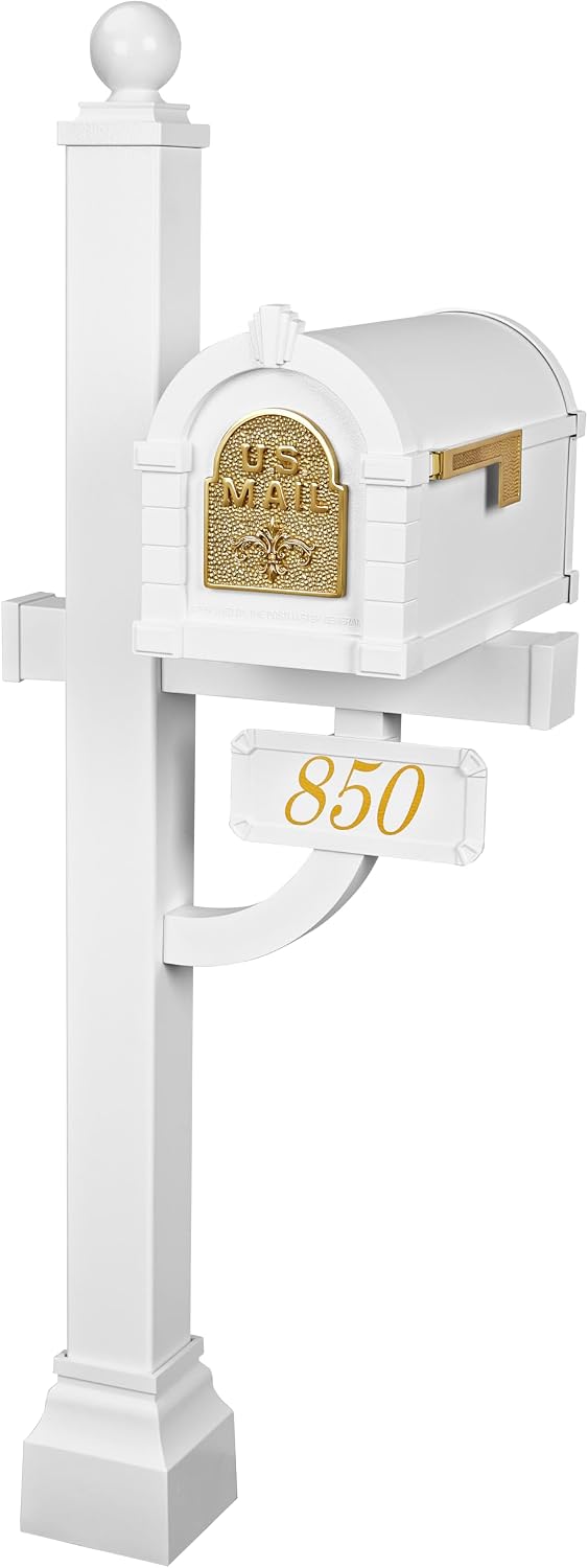 Gaines - Keystone Deluxe Post and Mailbox Package with Personalized Address Plaque and Decorative Cuff (White with Polished Brass Fleur de Lis)