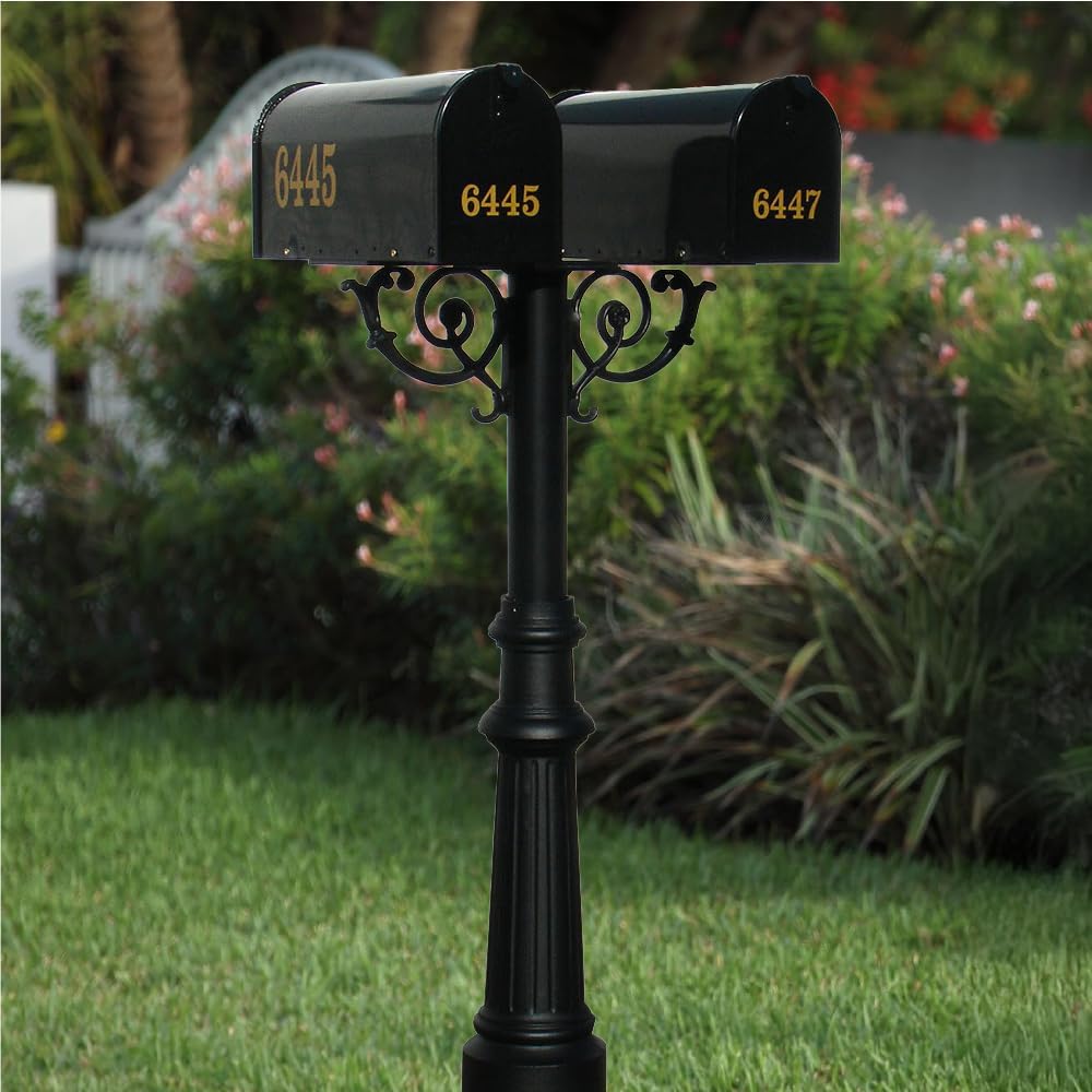 The Hanford Cast Aluminum Twin Mailbox Post System with Fluted Base, 2 E1 Mailboxes, Mounting Brackets and Scroll Supports, Ships in 2 boxes